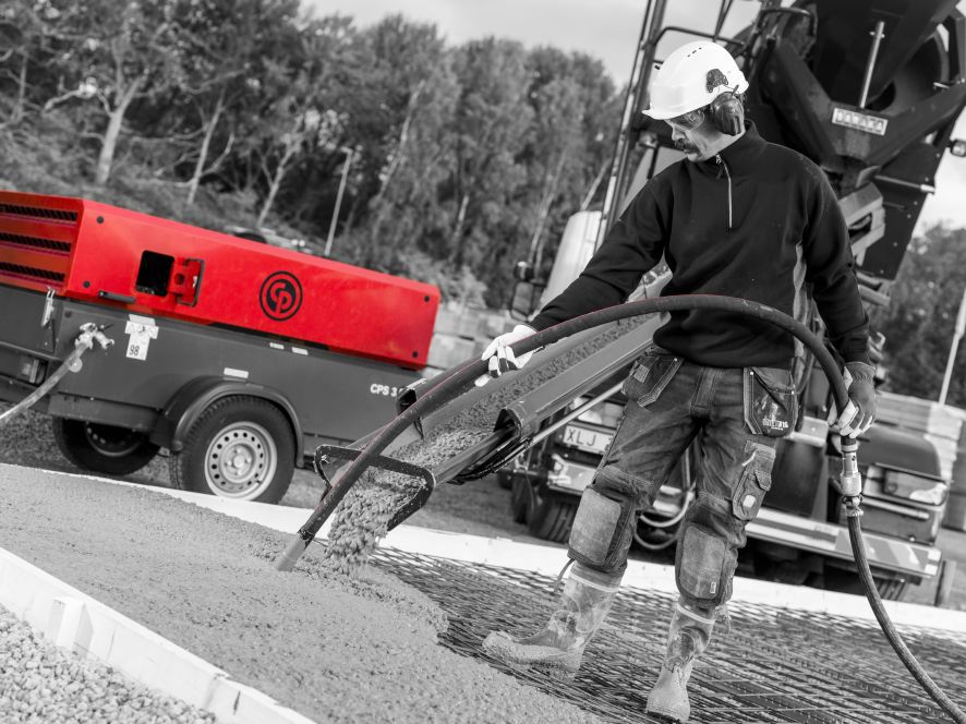 CP concrete, Black and white image, red highlights,